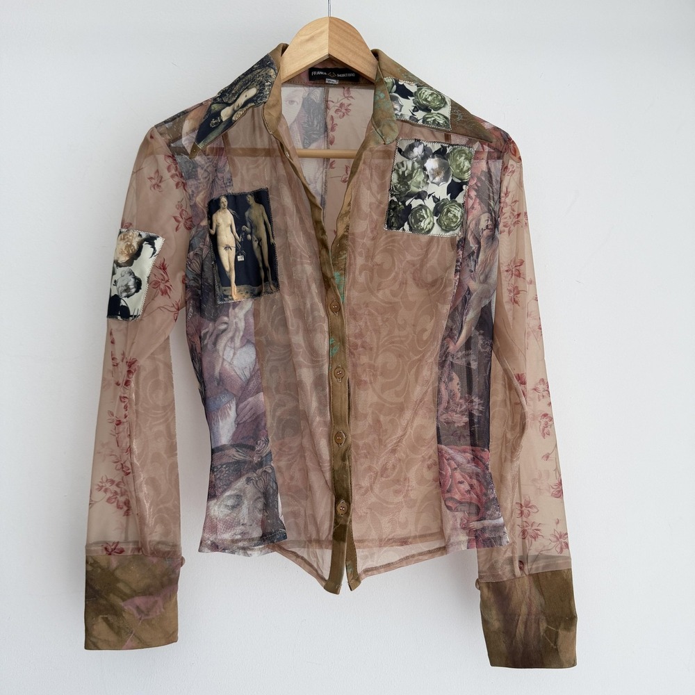 Franco Montoro Top Womens 8 Sheer Mesh Renaissance Art Y2K Patchwork Blouse